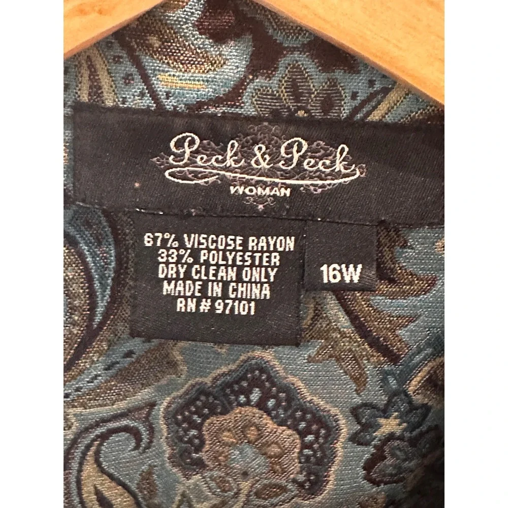 Peck & Peck Woman Paisley Tapestry Blazer Blue Teal Gold Plus Size 16W Jacket